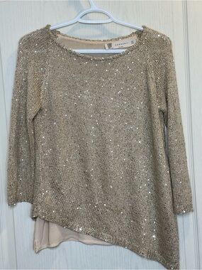 Zara knit crewneck sweater with sequins in beige and silver - keyhole back M